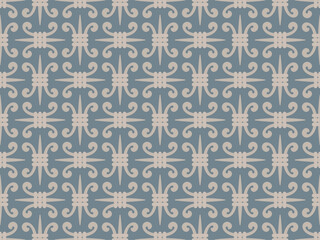 Vector seamless illustration depicting an intricate ornate pattern in baroque style. Repeating floral motifs in beige on a blue background. Elegant and sophisticated, evoking a sense of wealth