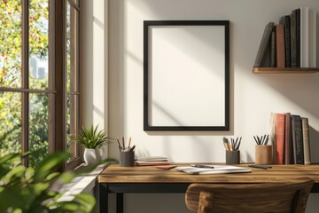 Mockup of Black Frame in Bright Home Office Workspace