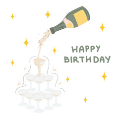 Happy birthday card on a white background. Champagne bottles and glass glasses. Cheers vector illustration