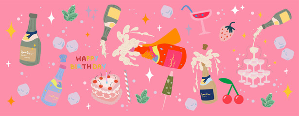 Vector bright template for party, event. Happy Birthday stickers collection in cartoon retro 90s style. Champagne bottles, vintage cakes and cocktail glasses on a pink background