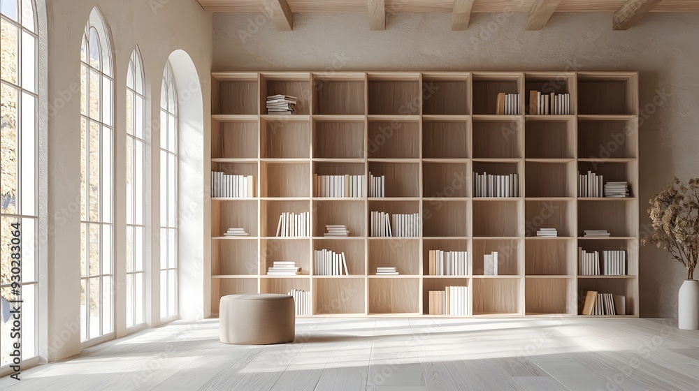 Poster modular minimalist bookshelf wall for adaptable home organization and display