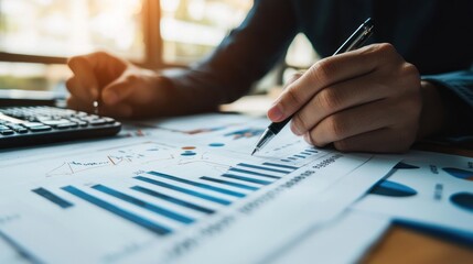 Analysis working with the latest financial results. of sales forecast graphs, financial accounting with hand writing Abstract digital effect for background