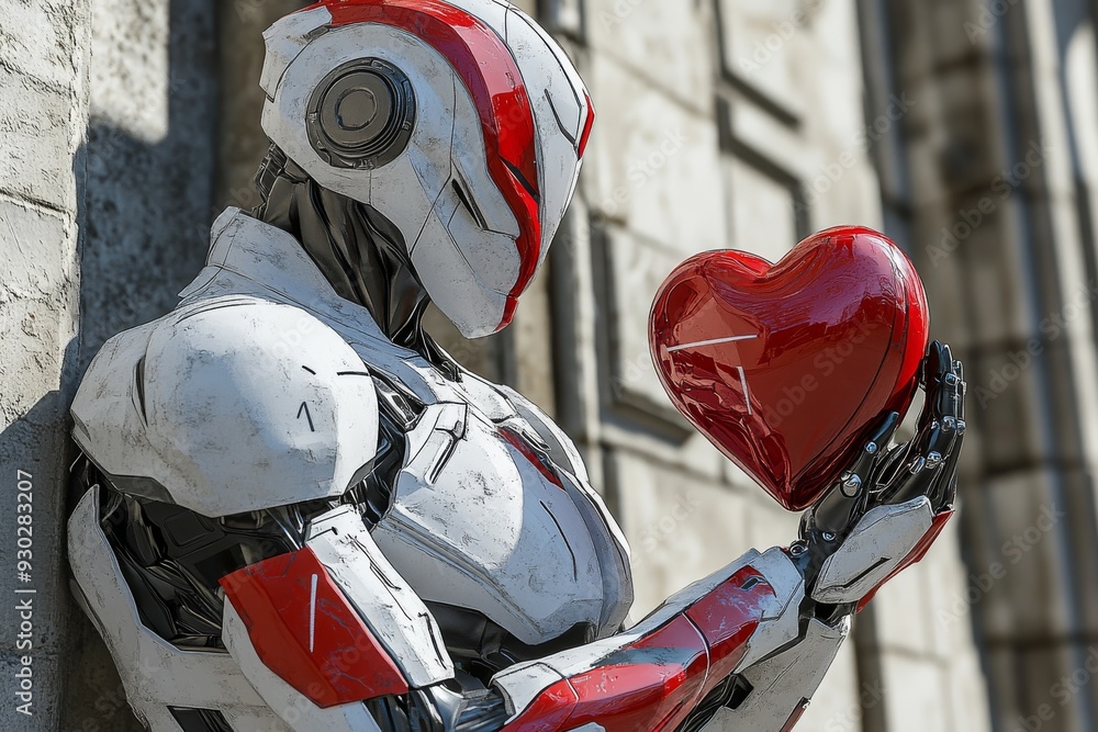 Poster high tech humanoid robot with red heart demonstrating the potential for ai to engage in human like e