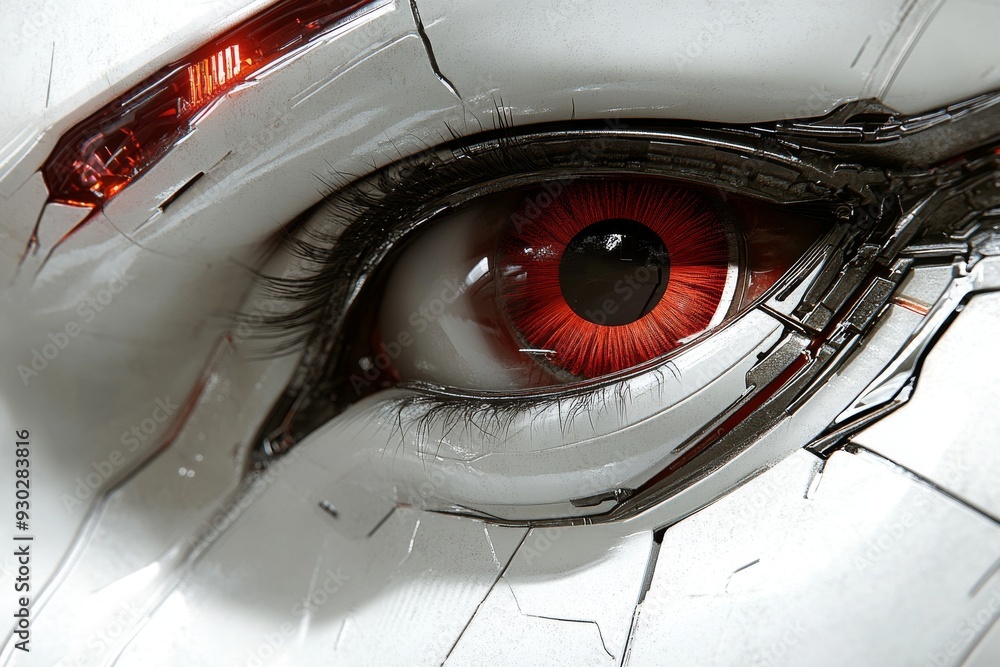 Poster detailed view of a robotic eye with striking red elements conveying intense observation