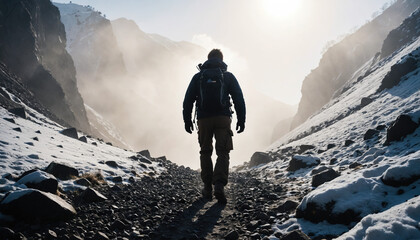 Mountain Forgotten in Foggy Winter: The Expeditioner's Transit Surrounded in Landslide