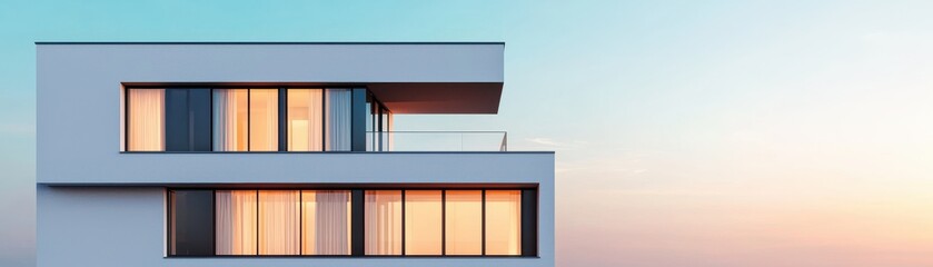 Modern house with large windows reflecting sunset hues, showcasing clean lines and contemporary architecture.