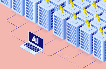 AI power use and energy consumption - Artificial intelligence service using excessive amounts of energy from data centre server park. Isometric vector illustration