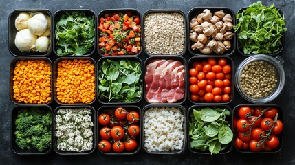 A weekly meal plan layout with fresh ingredients like leafy greens, lean meats, and whole grains, Healthy eating plan, organized nutrition