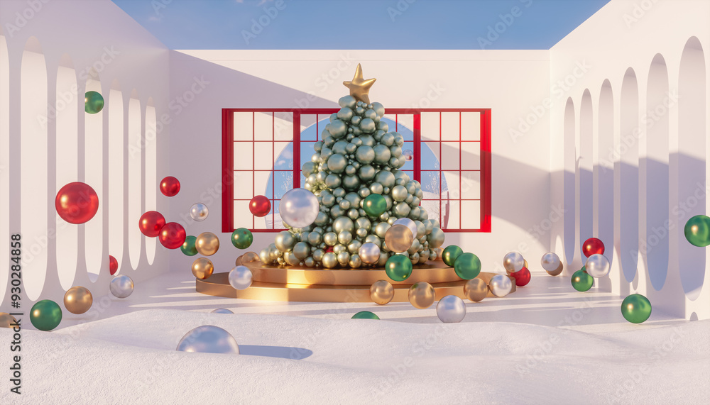 Aufkleber Winter Christmas podium backdrop for product display with snow landscape background. 3d rendering