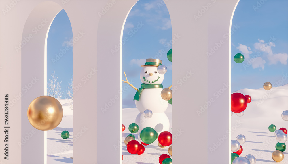 Aufkleber winter christmas podium backdrop for product display with snow landscape background. 3d rendering