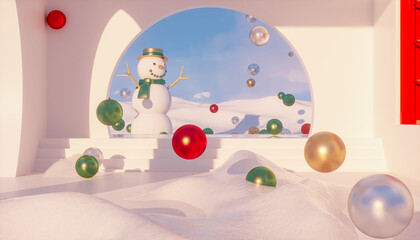 Winter Christmas podium backdrop for product display with snow landscape background. 3d rendering