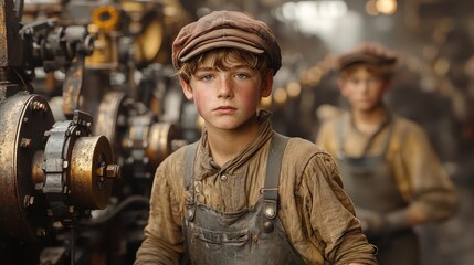 Kid industrial worker work in a heavy industry, retro factory machine equipment and production