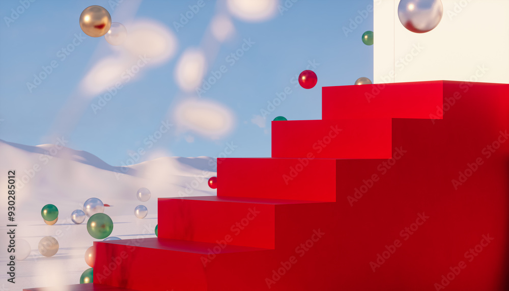 Poster Winter Christmas podium backdrop for product display with snow landscape background. 3d rendering