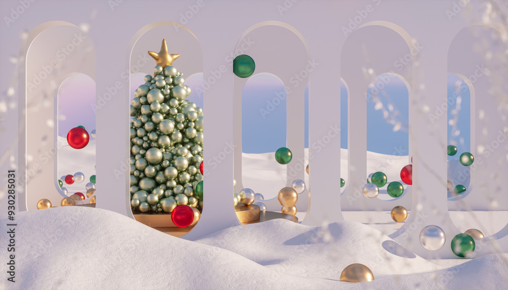 Aufkleber winter christmas podium backdrop for product display with snow landscape background. 3d rendering