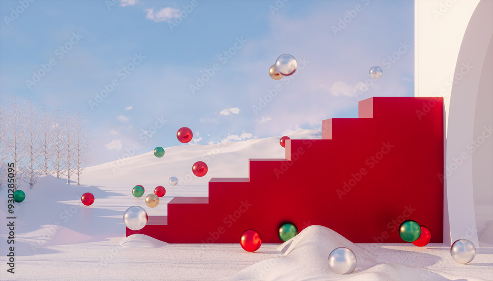 Aufkleber winter christmas podium backdrop for product display with snow landscape background. 3d rendering