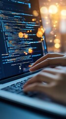 A close-up of hands typing on a laptop with a coding interface, representing technology and innovation