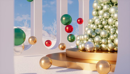 Winter Christmas podium backdrop for product display with snow landscape background. 3d rendering