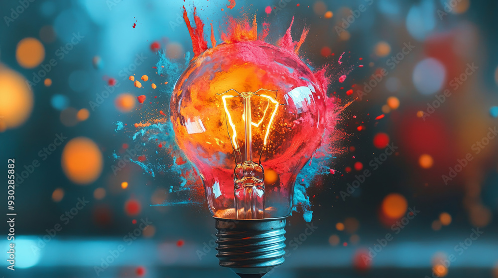 Poster an electric light bulb exploding with a burst of paint and shards of glass, symbolizing a creative i