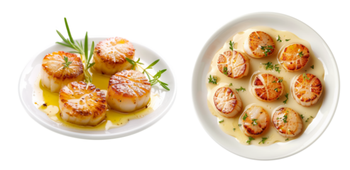 Two plates of pan-seared scallops garnished with fresh herbs and bathed in a buttery sauce, perfect for gourmet meals or festive dining