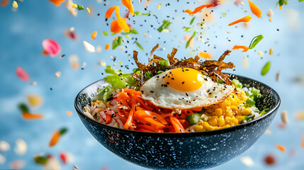  A bowl of of Bibimbap atop being thrown in the air with an explosion of garnished with colorful vegetables and a fried egg