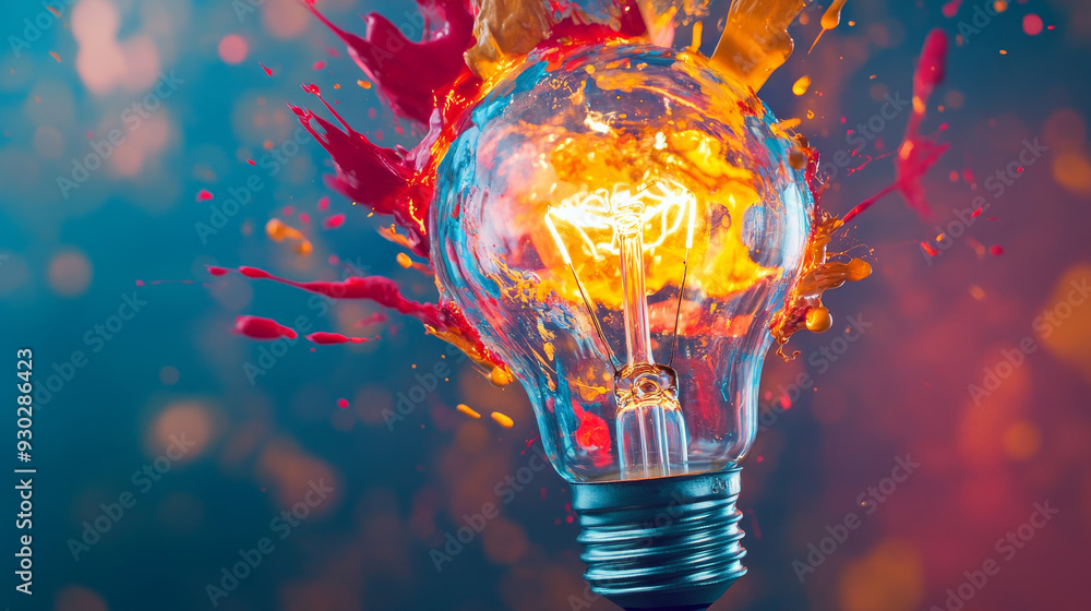 Poster an electric light bulb exploding with a burst of paint and shards of glass, symbolizing a creative i