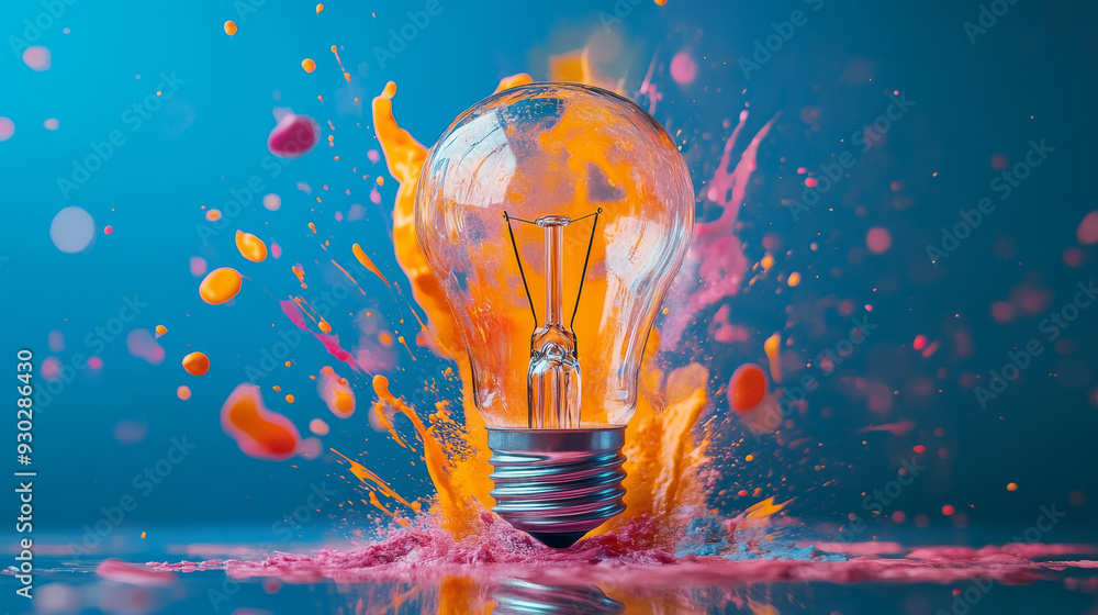 Poster an electric light bulb exploding with a burst of paint and shards of glass, symbolizing a creative i