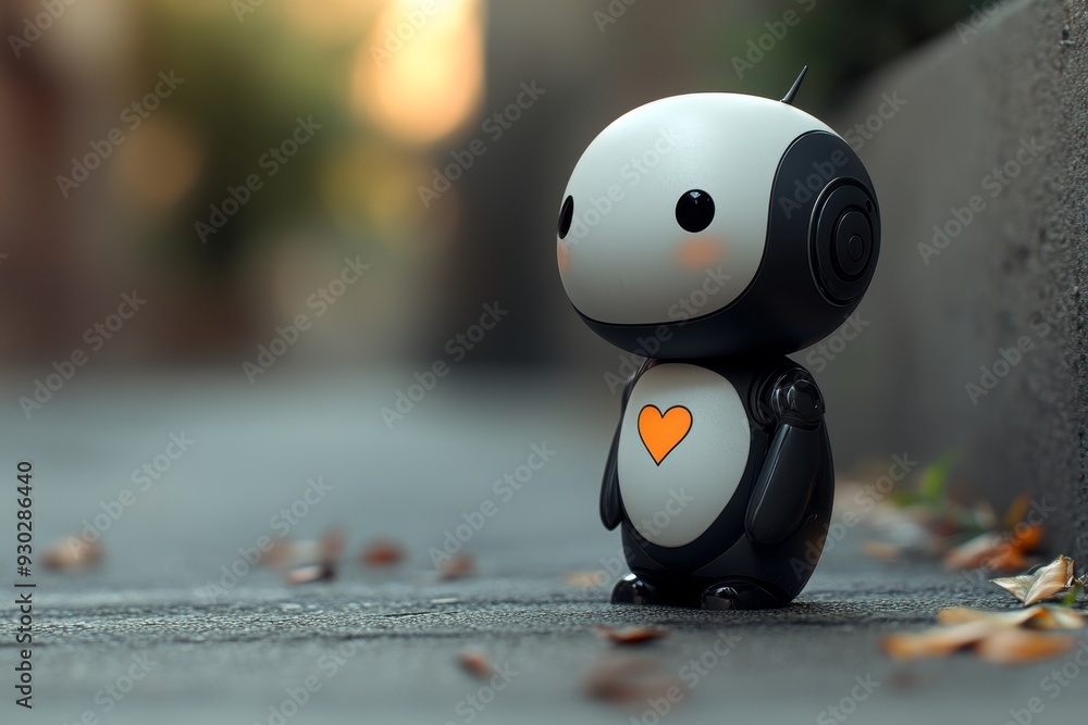 Poster expressive robot cartoon character with oversized heart embodying joy and playful elements of techno