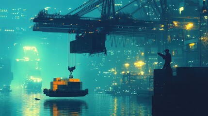 Obraz premium Futuristic shipping port with a crane driver using a floating crane to move containers, Sci-Fi, Neon, Blue Hues, 3D Art.