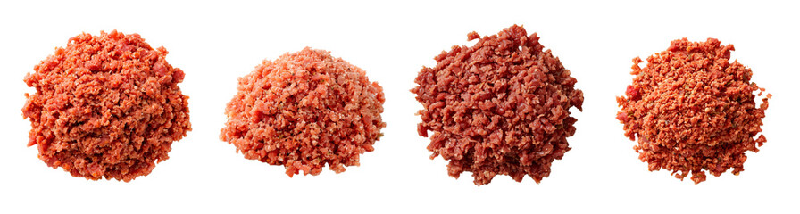 Four piles of raw minced beef isolated on a transparent background, representing fresh ingredients for cooking during Labor Day BBQ