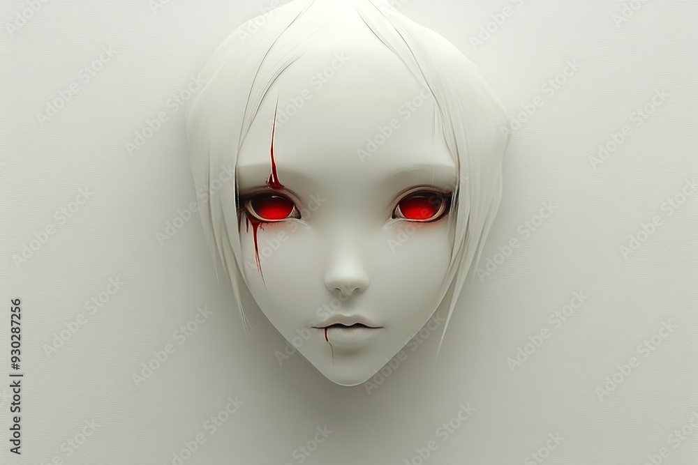 Poster minimalist robotic face with vivid red eyes conveying a stark contrast between simplicity and intens