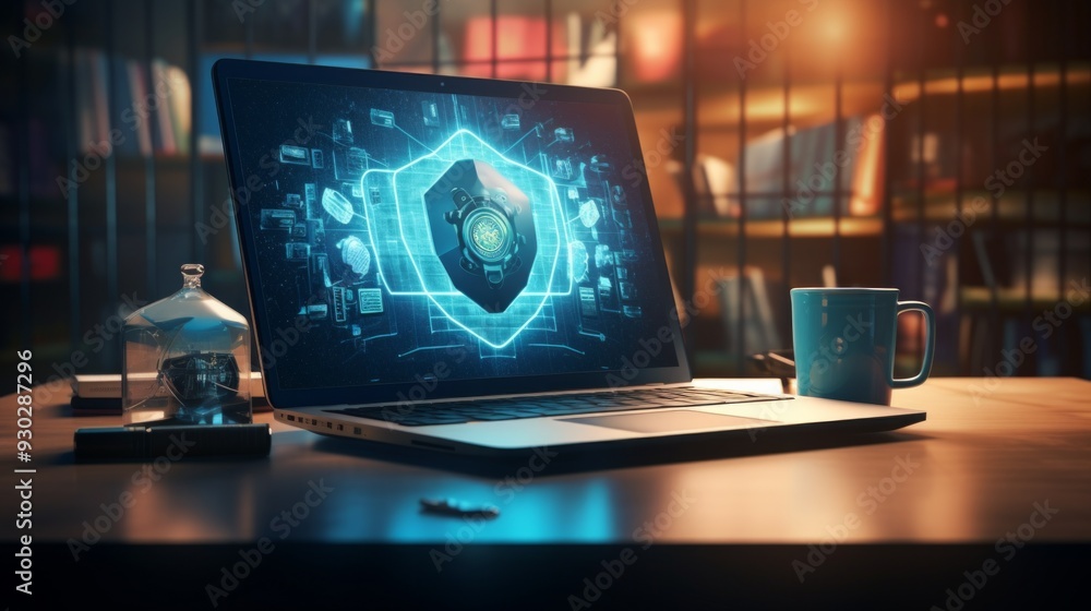Aufkleber modern laptop with cyber security safety locker on display. neural network ai generated art