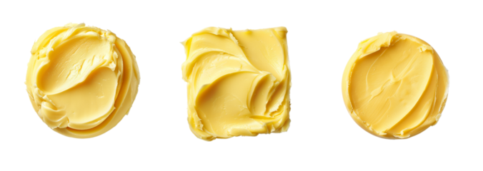 Three differently shaped butter swirls isolated on transparent, symbolizing culinary art and essential ingredients for holiday baking