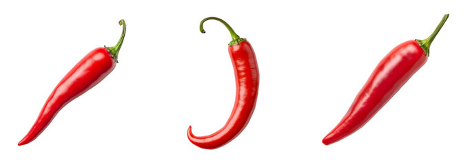 Three vibrant red chili peppers isolated on a transparent background, ideal for Mexican cuisine, spicy food concepts, and Cinco de Mayo celebrations