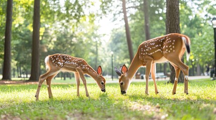 A mother white-tailed deer and her spotted fawn graze on lush greenery in a sunny meadow filled with colorful wildflowers during springtime