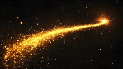 Fototapeta premium A long, curved trail of glowing golden particles against a black background with a bright star at the end