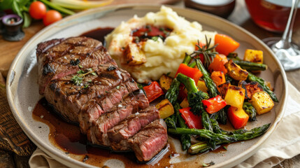 Gourmet steak dinner with sides of roasted vegetables and mashed potatoes, elegantly plated for a fine dining experience