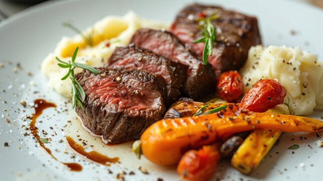 Gourmet steak dinner with sides of roasted vegetables and mashed potatoes, elegantly plated for a fine dining experience