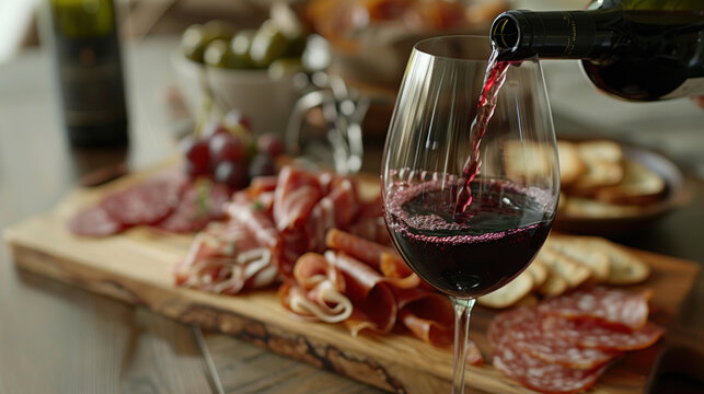 Glass of red wine being poured into a wine glass, with a charcuterie board in the background, highlighting culinary indulgence