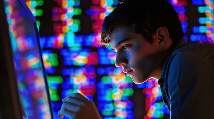 Geneticist analyzing DNA sequences on a computer, representing advanced biology and science