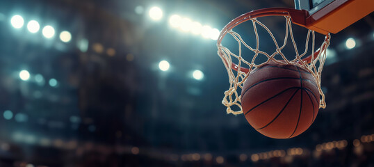 A basketball entering the hoop during a game in a brightly lit arena, focus on action and sportsmanship. copy space