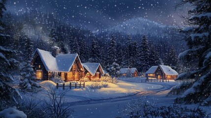 Charming cottages surrounded by stunning snow covered landscapes in beautiful illustration