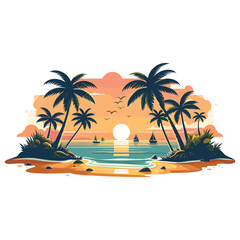 Vector tropical sunset illustration with palm trees and sailboats, vacation poster, summer vibes