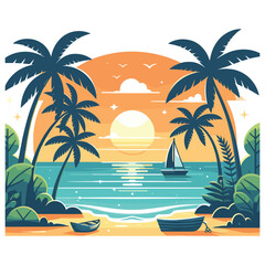 Tropical beach at sunset, pastel illustration in orange and blue, summer vacation advert