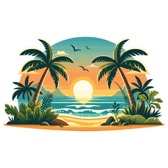 Tropical beach sunset illustration, vibrant colors, summer relaxation, perfect for travel ads