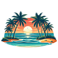 Vintage tropical beach illustration with sunset and palm trees, orange and teal, vacation vibes