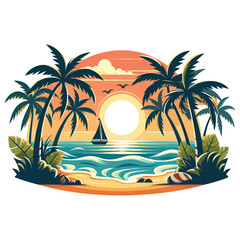 Vibrant tropical beach illustration with palm trees at sunset perfect for summer themes