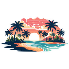 Retro tropical beach sunset illustration in vibrant colors, perfect for summer themes and decor