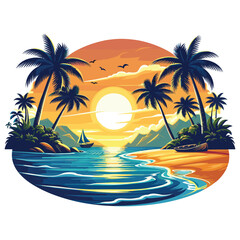 Vibrant tropical beach sunset vector in orange and blue, perfect for summer travel ads