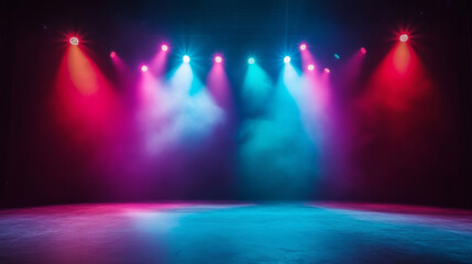 
An empty stage illuminated by colorful spotlights, showcasing various scene lighting effects. The setup emphasizes the vibrant and dynamic potential of the stage, ideal for performances, presentation