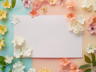 Blank mockup white card surrounded pastel flowers flatlay edge template spring floral announcement stationery wedding invitation baby shower birthday celebration feminine romantic design copy space PO